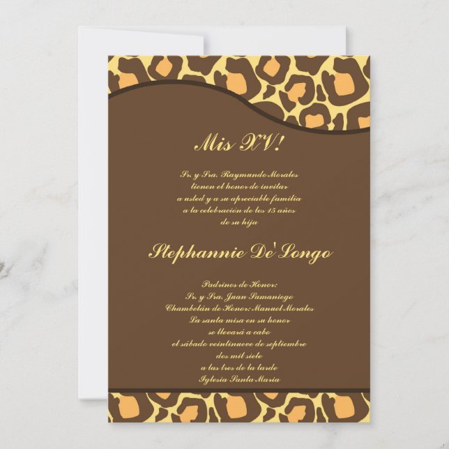 5x7 Brown Yellow Leopard Quinceanera Party Invite (Front)