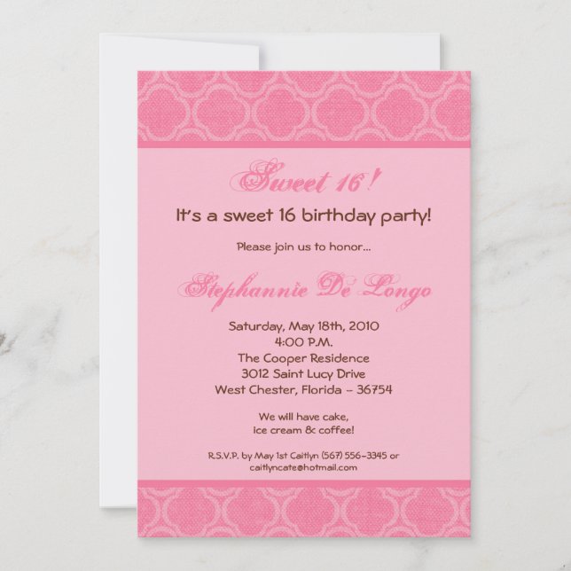 5x7 Bubblegum Damask Sweet 16 Birthday Invitation (Front)