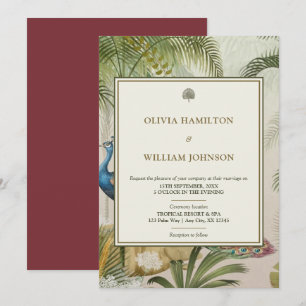 5x7 Burgandy Tropical Peacock Palm Wedding Invitation