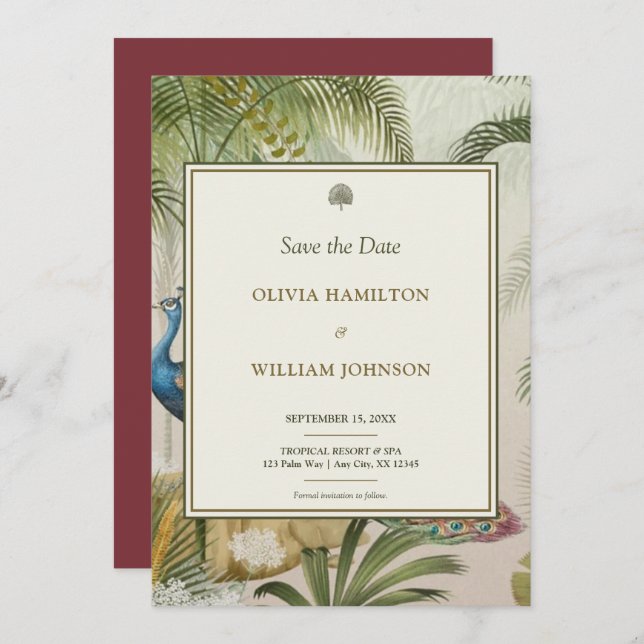 5x7 Burgandy Tropical Peacock Palm Wedding  Save The Date (Front/Back)