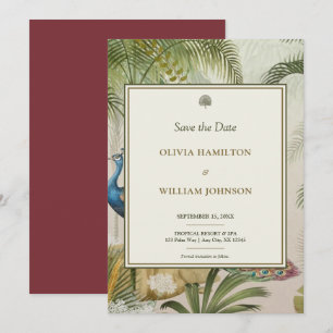 5x7 Burgandy Tropical Peacock Palm Wedding Save The Date