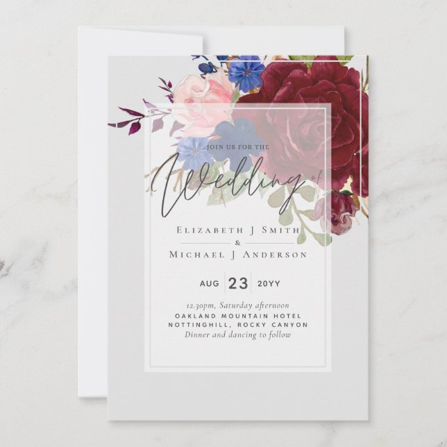 5x7 Burgundy Blue Pink Floral Wedding Invitations (Front)