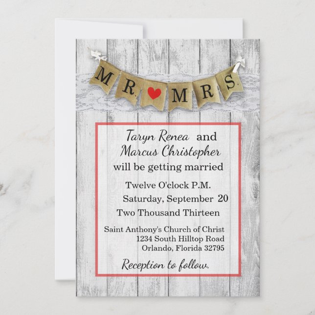 5x7 Burlap Mr. and Mrs. Banner Wedding Invitation (Front)