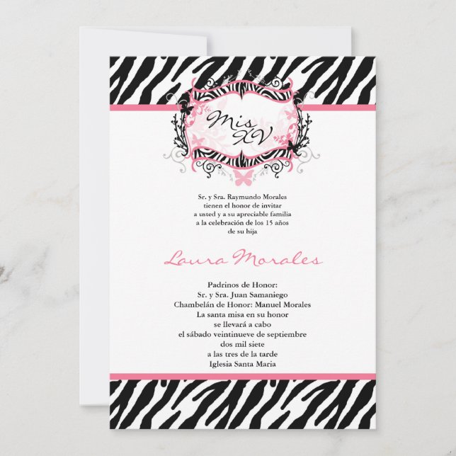 5x7 Butterfly Zebra Print Quinceanera Invitation (Front)