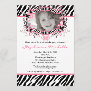 5x7 Butterfly ZebraPrint Photo Birthday Invitation