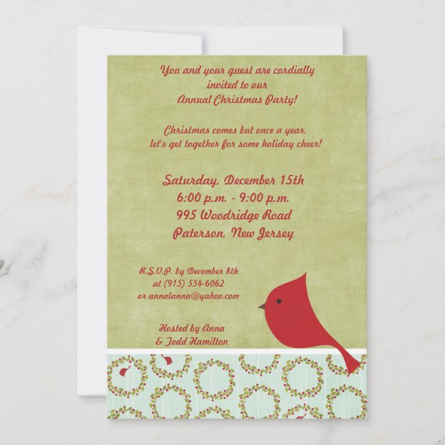 5x7 Cardinal Christmas Bird Invitation (Front)