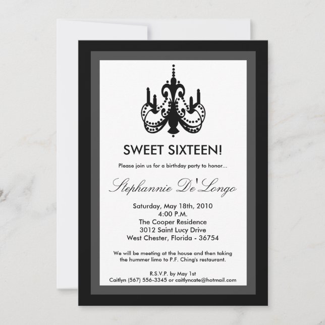 5x7 Chandelier Black White 16 Birthday Invitation (Front)