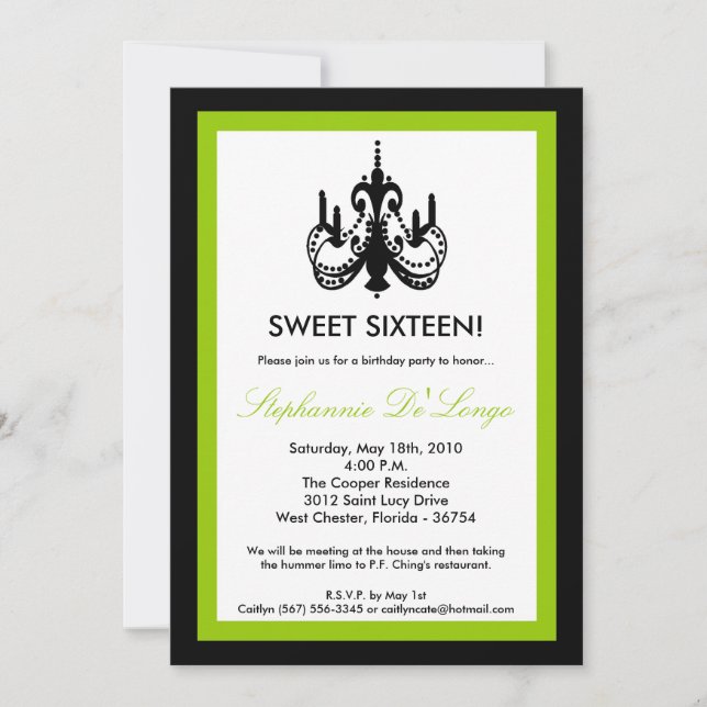 5x7 Chandelier Lime Green 16 Birthday Invitation (Front)