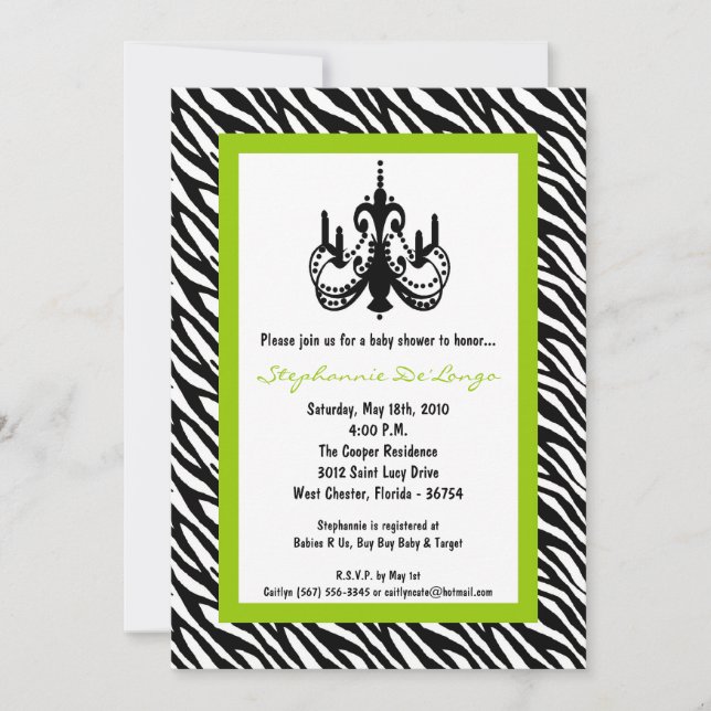 5x7 Chandelier Lime Zebra Baby Shower Invitation (Front)