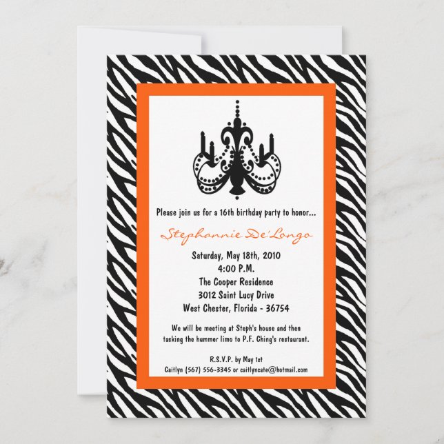5x7 Chandelier Oran Zebra 16th Birthday Invitation (Front)