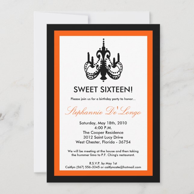 5x7 Chandelier Orange 16 Birthday Invitation (Front)