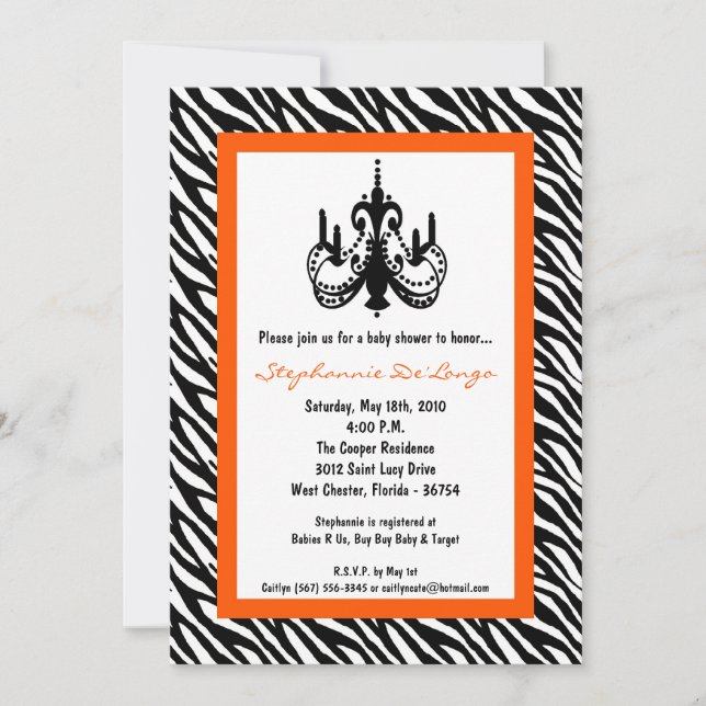 5x7 Chandelier Orange Zebra Baby Shower Invitation (Front)