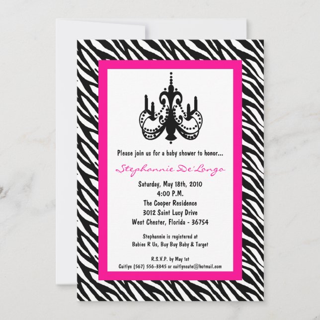 5x7 Chandelier Pink Zebra Baby Shower Invitation (Front)