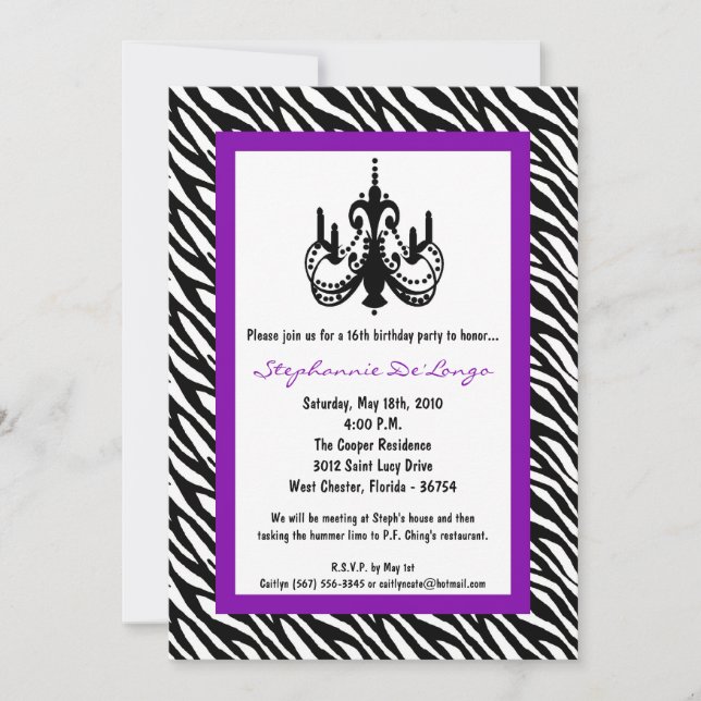 5x7 Chandelier Purp Zebra 16th Birthday Invitation (Front)