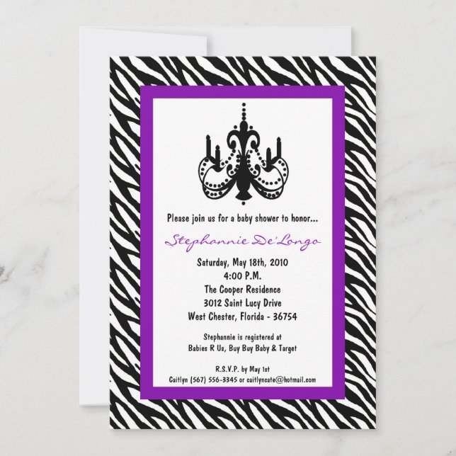 5x7 Chandelier Purple Zebra Baby Shower Invitation (Front)