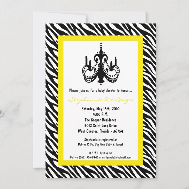 5x7 Chandelier Yellow Zebra Baby Shower Invitation (Front)