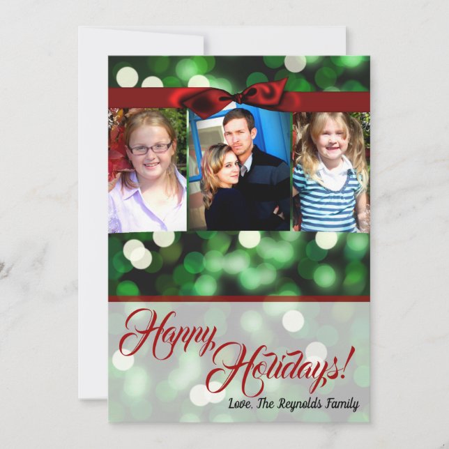 5x7 Christmas Green Bokeh Lights Twinkl PHOTO Card (Front)