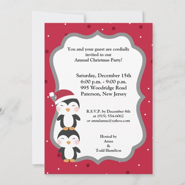 5x7 Christmas Hat Penguin Invitation (Front)