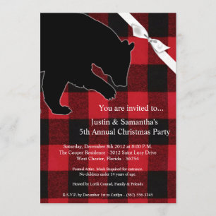 5x7 Christmas Invitation Red Plaid Black Bear