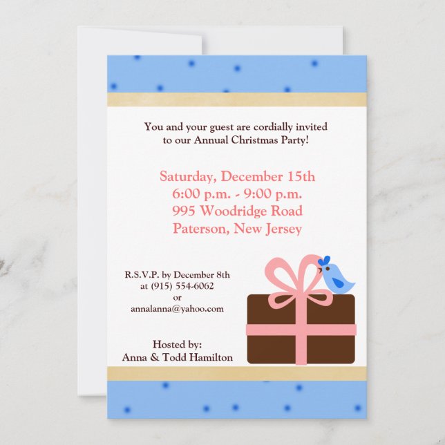 5x7 Christmas Present Blue Bird Invitation (Front)
