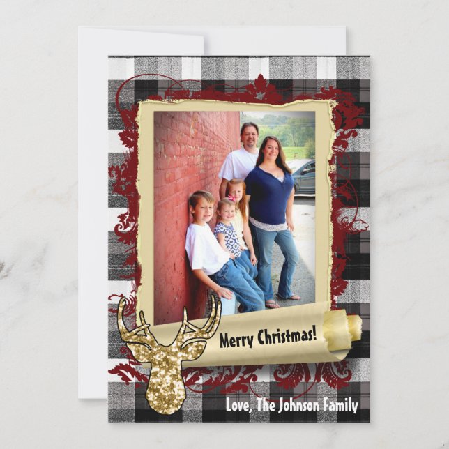5x7 Christmas XMAS Black Plaid Deer PHOTO Card (Front)