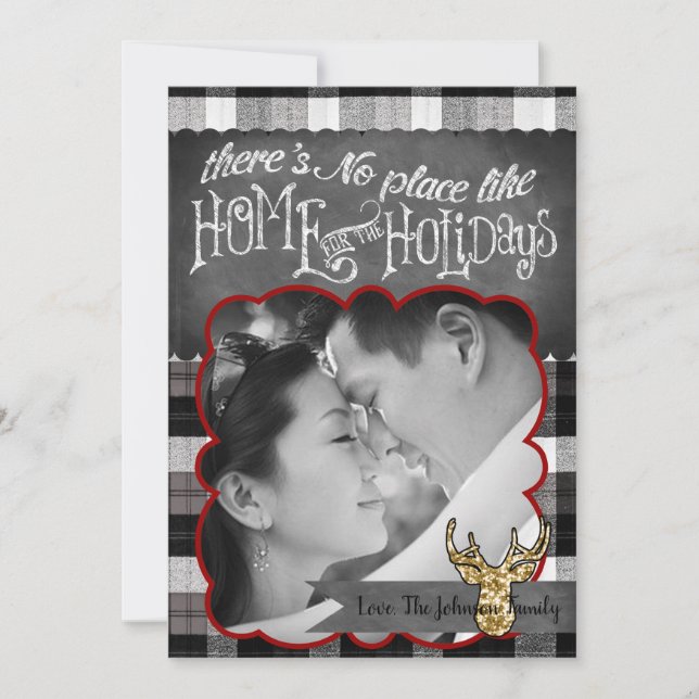5x7 Christmas XMAS Black Plaid Deer PHOTO Card (Front)