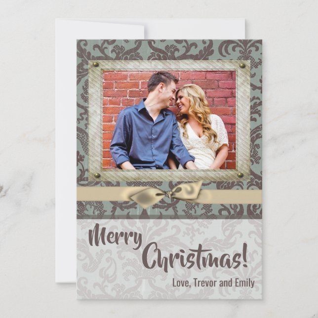 5x7 Christmas XMAS Blue Damask Fabric PHOTO Card (Front)