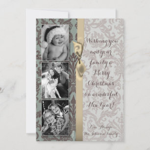 5x7 Christmas XMAS Blue Damask Fabric PHOTO Card