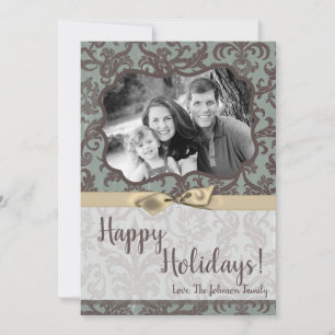 5x7 Christmas XMAS Blue Damask Fabric PHOTO Card