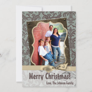 5x7 Christmas XMAS Blue Damask Fabric PHOTO Card