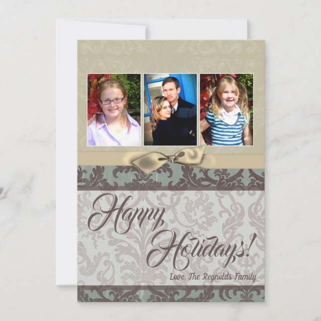 5x7 Christmas XMAS Blue Damask Fabric PHOTO Card (Front)