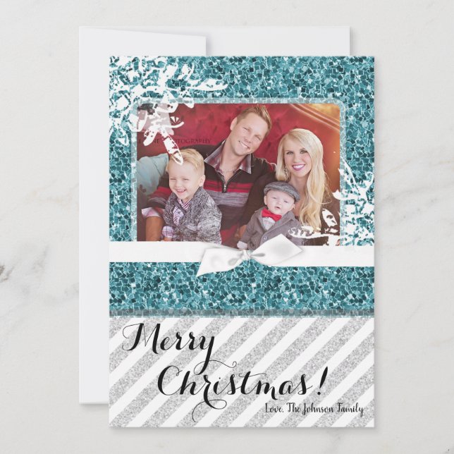 5x7 Christmas XMAS Blue Glitter Snowfla PHOTO Card (Front)