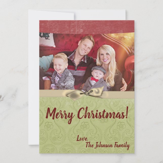 5x7 Christmas XMAS Green Striped Fabric PHOTO Card (Front)