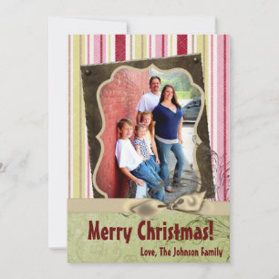 5x7 Christmas XMAS Green Striped Fabric PHOTO Card