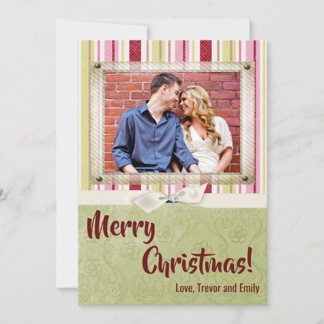 5x7 Christmas XMAS Green Striped Fabric PHOTO Card (Front)