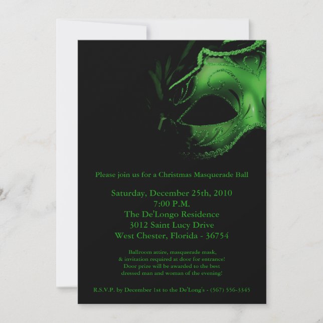 5x7 Christmas XMAS Masquerade Ball Mask Invitation (Front)