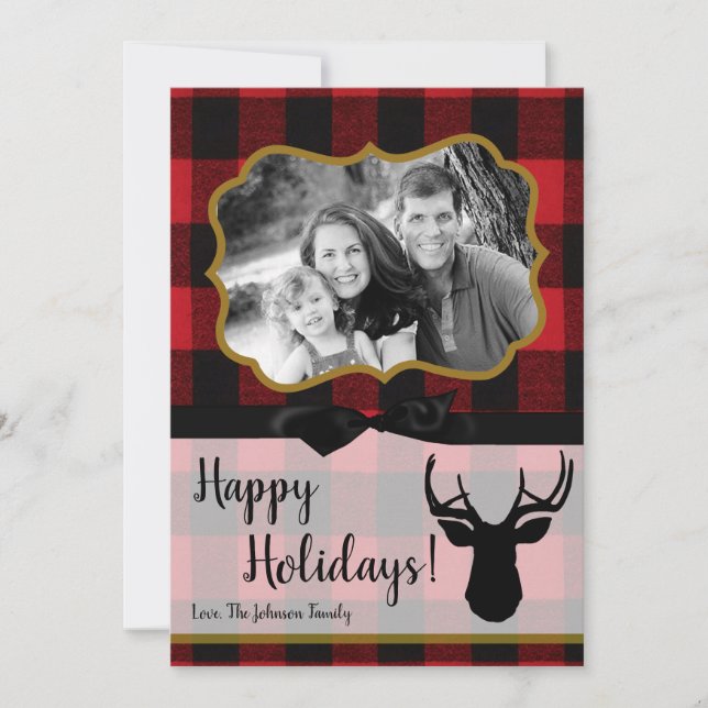 5x7 Christmas XMAS Red Black Plaid Deer PHOTO Card (Front)