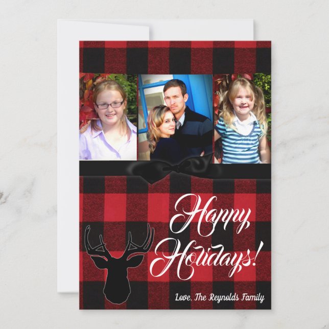 5x7 Christmas XMAS Red Black Plaid Deer PHOTO Card (Front)