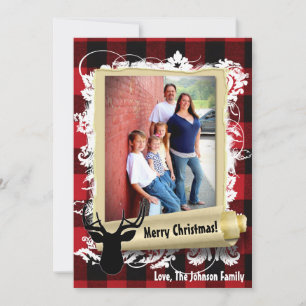 5x7 Christmas XMAS Red black Plaid Deer PHOTO Card