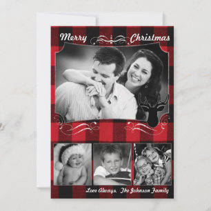 5x7 Christmas XMAS Red Black Plaid Deer PHOTO Card