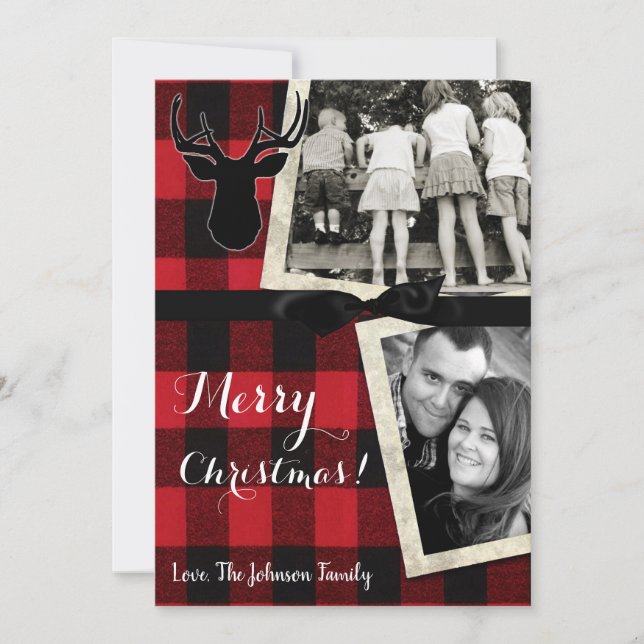 5x7 Christmas XMAS Red Black Plaid Deer PHOTO Card (Front)
