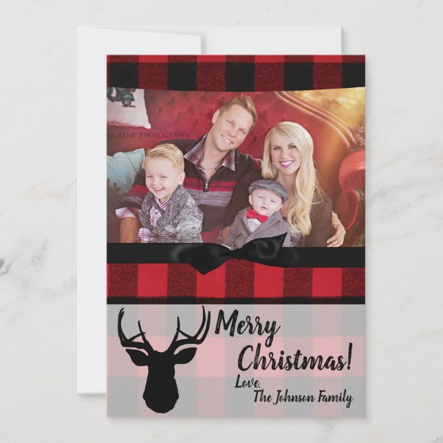 5x7 Christmas XMAS Red black Plaid Deer PHOTO Card (Front)