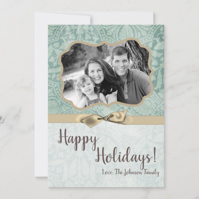 5x7 Christmas XMAS Winter Blue Damask PHOTO Card (Front)