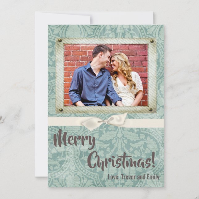 5x7 Christmas XMAS Winter Blue Damask PHOTO Card (Front)