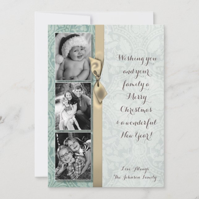 5x7 Christmas XMAS Winter Blue Damask PHOTO Card (Front)