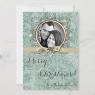 5x7 Christmas XMAS Winter Blue Damask PHOTO Card