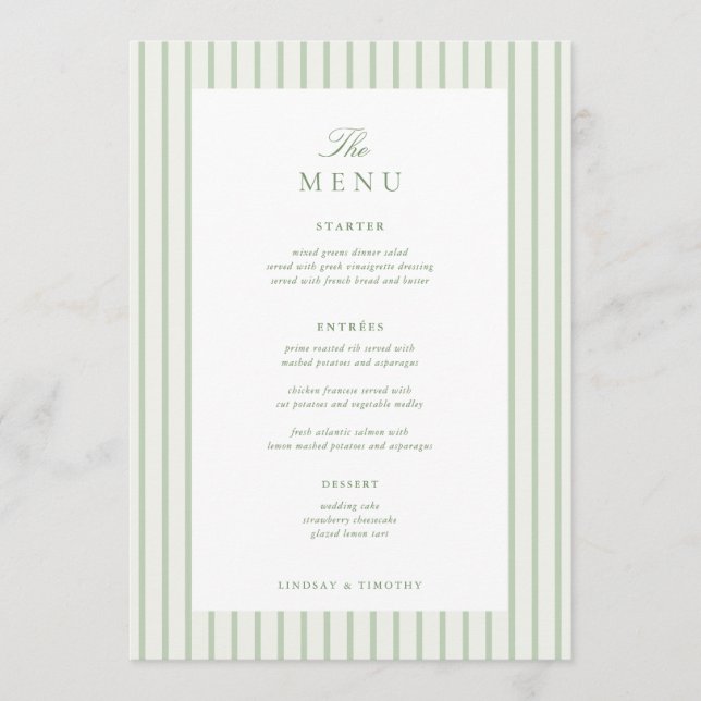 5x7" Classic Striped Green Wedding Table Menu (Front)