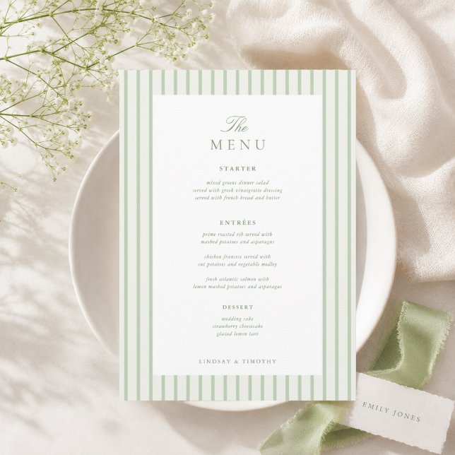5x7" Classic Striped Green Wedding Table Menu (Creator Uploaded)
