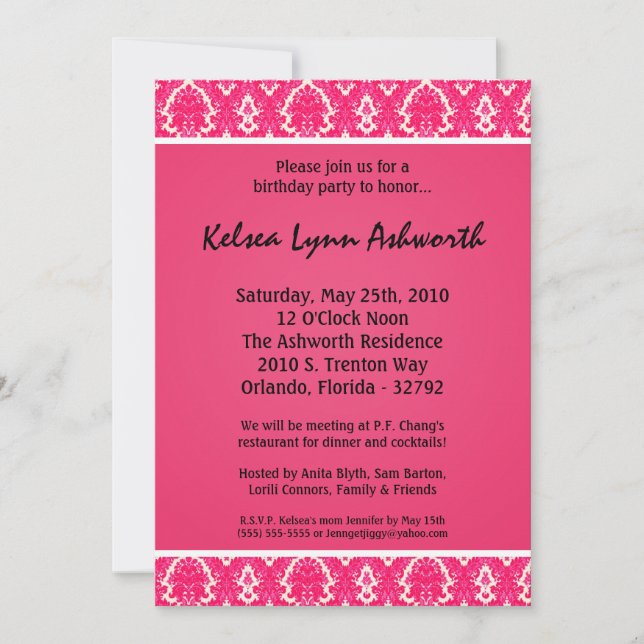 5x7 Colourful Pink Damask Birthday Invitation (Front)