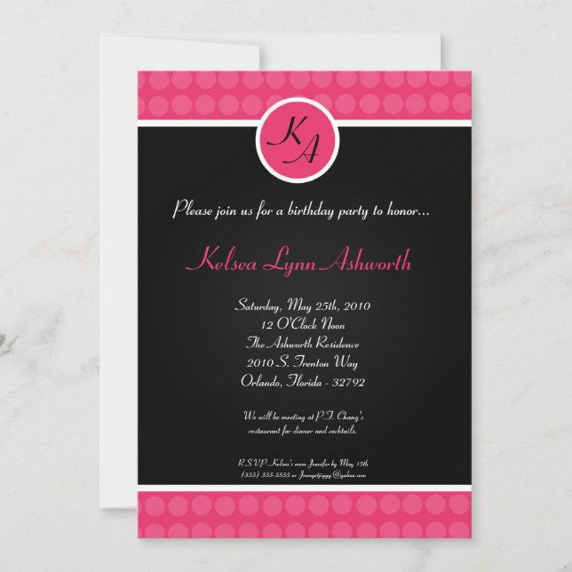 5x7 Colourful Pink Polka Dot Birthday Invitation (Front)